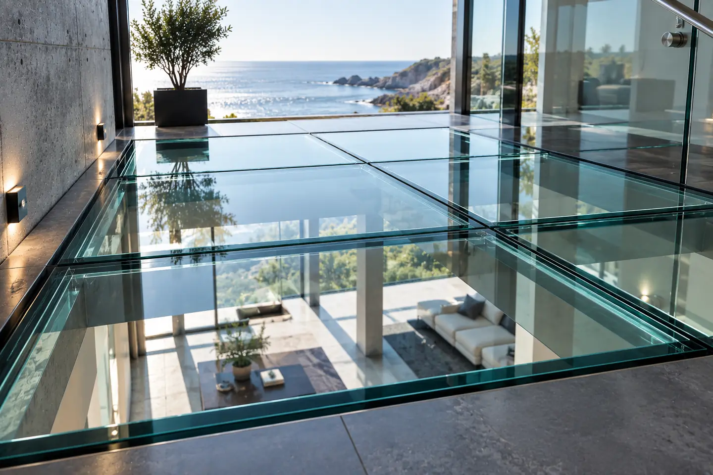Glasboden aus begehbarem Glas über einem Wohnraum